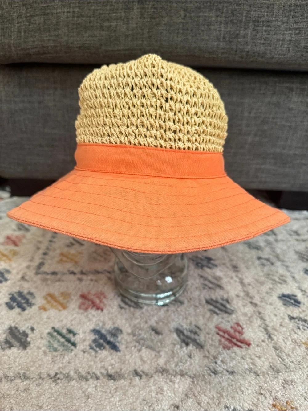 Vintage Y2K Tropical Trends Crochet Straw Sun Hat Coral Peach Wide Brim - Picture 2 of 7